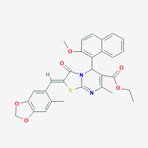 molecular formula C30H26N2O6S B302487 ethyl 5-(2-methoxy-1-naphthyl)-7-methyl-2-[(6-methyl-1,3-benzodioxol-5-yl)methylene]-3-oxo-2,3-dihydro-5H-[1,3]thiazolo[3,2-a]pyrimidine-6-carboxylate 