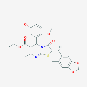 molecular formula C27H26N2O7S B302488 ethyl 5-(2,5-dimethoxyphenyl)-7-methyl-2-[(6-methyl-1,3-benzodioxol-5-yl)methylene]-3-oxo-2,3-dihydro-5H-[1,3]thiazolo[3,2-a]pyrimidine-6-carboxylate 
