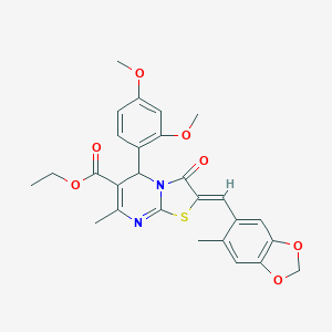 molecular formula C27H26N2O7S B302489 ethyl 5-(2,4-dimethoxyphenyl)-7-methyl-2-[(6-methyl-1,3-benzodioxol-5-yl)methylene]-3-oxo-2,3-dihydro-5H-[1,3]thiazolo[3,2-a]pyrimidine-6-carboxylate 
