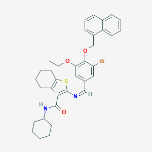 molecular formula C35H37BrN2O3S B302490 2-{[3-bromo-5-ethoxy-4-(1-naphthylmethoxy)benzylidene]amino}-N-cyclohexyl-4,5,6,7-tetrahydro-1-benzothiophene-3-carboxamide 