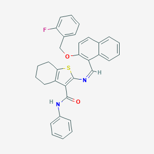 molecular formula C33H27FN2O2S B302493 2-[({2-[(2-fluorobenzyl)oxy]-1-naphthyl}methylene)amino]-N-phenyl-4,5,6,7-tetrahydro-1-benzothiophene-3-carboxamide 