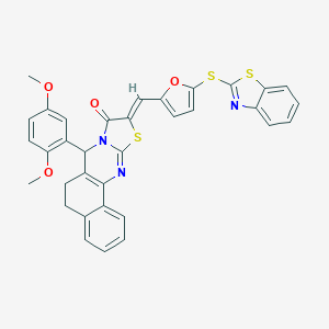molecular formula C34H25N3O4S3 B302494 10-{[5-(1,3-benzothiazol-2-ylsulfanyl)-2-furyl]methylene}-7-(2,5-dimethoxyphenyl)-5,7-dihydro-6H-benzo[h][1,3]thiazolo[2,3-b]quinazolin-9(10H)-one 