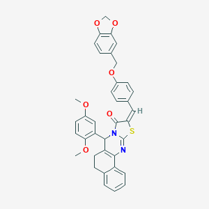 molecular formula C37H30N2O6S B302496 10-[4-(1,3-benzodioxol-5-ylmethoxy)benzylidene]-7-(2,5-dimethoxyphenyl)-5,7-dihydro-6H-benzo[h][1,3]thiazolo[2,3-b]quinazolin-9(10H)-one 