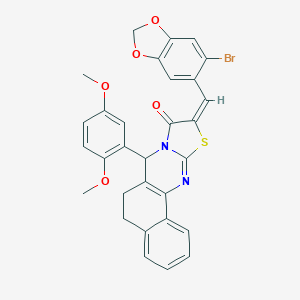 molecular formula C30H23BrN2O5S B302498 10-[(6-bromo-1,3-benzodioxol-5-yl)methylene]-7-(2,5-dimethoxyphenyl)-5,7-dihydro-6H-benzo[h][1,3]thiazolo[2,3-b]quinazolin-9(10H)-one 
