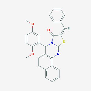 molecular formula C29H24N2O3S B302500 10-benzylidene-7-(2,5-dimethoxyphenyl)-5,7-dihydro-6H-benzo[h][1,3]thiazolo[2,3-b]quinazolin-9(10H)-one 