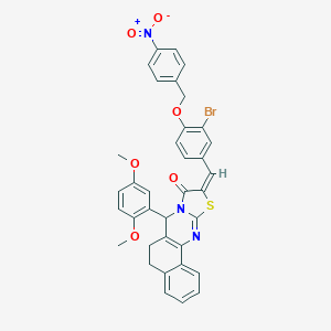 molecular formula C36H28BrN3O6S B302501 10-[3-bromo-4-({4-nitrobenzyl}oxy)benzylidene]-7-(2,5-dimethoxyphenyl)-5,7-dihydro-6H-benzo[h][1,3]thiazolo[2,3-b]quinazolin-9(10H)-one 