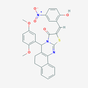 molecular formula C29H23N3O6S B302502 (14E)-11-(2,5-dimethoxyphenyl)-14-[(2-hydroxy-5-nitrophenyl)methylidene]-15-thia-12,17-diazatetracyclo[8.7.0.02,7.012,16]heptadeca-1(10),2,4,6,16-pentaen-13-one 