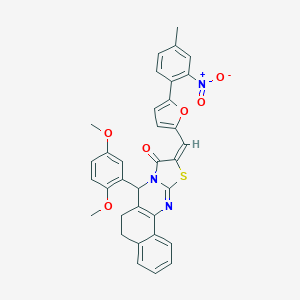 molecular formula C34H27N3O6S B302503 7-(2,5-dimethoxyphenyl)-10-[(5-{2-nitro-4-methylphenyl}-2-furyl)methylene]-5,7-dihydro-6H-benzo[h][1,3]thiazolo[2,3-b]quinazolin-9(10H)-one 