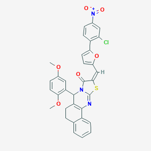 molecular formula C33H24ClN3O6S B302505 10-[(5-{2-chloro-4-nitrophenyl}-2-furyl)methylene]-7-(2,5-dimethoxyphenyl)-5,7-dihydro-6H-benzo[h][1,3]thiazolo[2,3-b]quinazolin-9(10H)-one 
