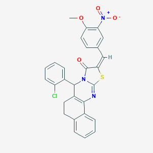 molecular formula C28H20ClN3O4S B302508 7-(2-chlorophenyl)-10-{3-nitro-4-methoxybenzylidene}-5,7-dihydro-6H-benzo[h][1,3]thiazolo[2,3-b]quinazolin-9(10H)-one 