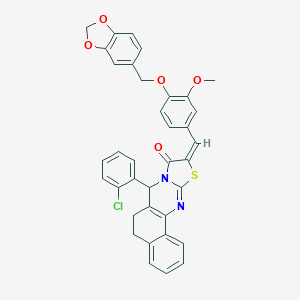 molecular formula C36H27ClN2O5S B302510 10-[4-(1,3-benzodioxol-5-ylmethoxy)-3-methoxybenzylidene]-7-(2-chlorophenyl)-5,7-dihydro-6H-benzo[h][1,3]thiazolo[2,3-b]quinazolin-9(10H)-one 