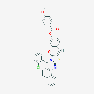 molecular formula C35H25ClN2O4S B302513 4-[(7-(2-chlorophenyl)-9-oxo-5,7-dihydro-6H-benzo[h][1,3]thiazolo[2,3-b]quinazolin-10(9H)-ylidene)methyl]phenyl 4-methoxybenzoate 