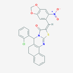 molecular formula C28H18ClN3O5S B302515 7-(2-chlorophenyl)-10-({6-nitro-1,3-benzodioxol-5-yl}methylene)-5,7-dihydro-6H-benzo[h][1,3]thiazolo[2,3-b]quinazolin-9(10H)-one 
