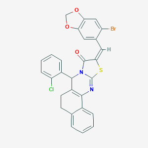 molecular formula C28H18BrClN2O3S B302516 (10E)-10-[(6-bromo-1,3-benzodioxol-5-yl)methylidene]-7-(2-chlorophenyl)-5,7-dihydro-6H-benzo[h][1,3]thiazolo[2,3-b]quinazolin-9(10H)-one 