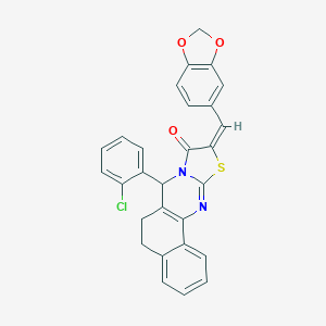 molecular formula C28H19ClN2O3S B302517 10-(1,3-benzodioxol-5-ylmethylene)-7-(2-chlorophenyl)-5,7-dihydro-6H-benzo[h][1,3]thiazolo[2,3-b]quinazolin-9(10H)-one 