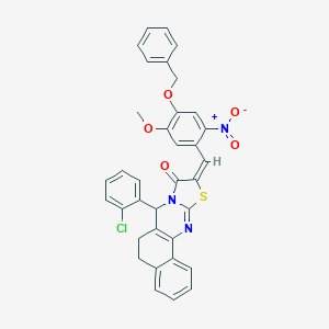 molecular formula C35H26ClN3O5S B302518 10-{4-(benzyloxy)-2-nitro-5-methoxybenzylidene}-7-(2-chlorophenyl)-5,7-dihydro-6H-benzo[h][1,3]thiazolo[2,3-b]quinazolin-9(10H)-one 