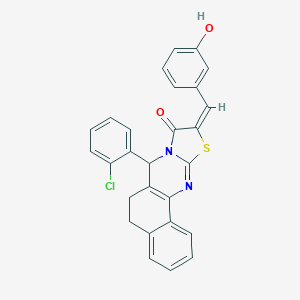 molecular formula C27H19ClN2O2S B302519 7-(2-chlorophenyl)-10-(3-hydroxybenzylidene)-5,7-dihydro-6H-benzo[h][1,3]thiazolo[2,3-b]quinazolin-9(10H)-one 