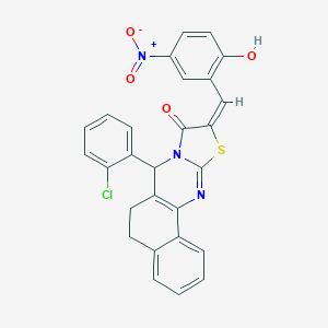 molecular formula C27H18ClN3O4S B302521 (14E)-11-(2-chlorophenyl)-14-[(2-hydroxy-5-nitrophenyl)methylidene]-15-thia-12,17-diazatetracyclo[8.7.0.02,7.012,16]heptadeca-1(10),2,4,6,16-pentaen-13-one 