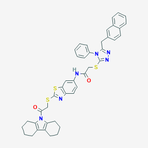 molecular formula C42H38N6O2S3 B302523 2-{[5-(2-naphthylmethyl)-4-phenyl-4H-1,2,4-triazol-3-yl]sulfanyl}-N-(2-{[2-(1,2,3,4,5,6,7,8-octahydro-9H-carbazol-9-yl)-2-oxoethyl]sulfanyl}-1,3-benzothiazol-6-yl)acetamide 