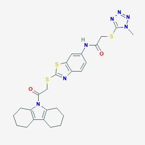 molecular formula C25H27N7O2S3 B302524 2-[(1-methyl-1H-tetraazol-5-yl)sulfanyl]-N-(2-{[2-(1,2,3,4,5,6,7,8-octahydro-9H-carbazol-9-yl)-2-oxoethyl]sulfanyl}-1,3-benzothiazol-6-yl)acetamide 