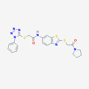 molecular formula C22H21N7O2S3 B302526 N-{2-[(2-oxo-2-pyrrolidin-1-ylethyl)sulfanyl]-1,3-benzothiazol-6-yl}-2-[(1-phenyl-1H-tetraazol-5-yl)sulfanyl]acetamide 