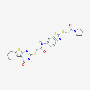 molecular formula C26H27N5O3S4 B302527 2-[(3-methyl-4-oxo-3,4,5,6,7,8-hexahydro[1]benzothieno[2,3-d]pyrimidin-2-yl)sulfanyl]-N-{2-[(2-oxo-2-pyrrolidin-1-ylethyl)sulfanyl]-1,3-benzothiazol-6-yl}acetamide 