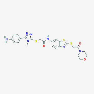 molecular formula C24H25N7O3S3 B302528 2-{[5-(4-aminophenyl)-4-methyl-4H-1,2,4-triazol-3-yl]sulfanyl}-N-{2-[(2-morpholin-4-yl-2-oxoethyl)sulfanyl]-1,3-benzothiazol-6-yl}acetamide 
