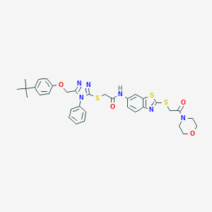 molecular formula C34H36N6O4S3 B302529 2-({5-[(4-tert-butylphenoxy)methyl]-4-phenyl-4H-1,2,4-triazol-3-yl}sulfanyl)-N-{2-[(2-morpholin-4-yl-2-oxoethyl)sulfanyl]-1,3-benzothiazol-6-yl}acetamide 