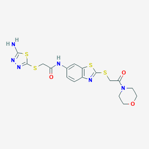 molecular formula C17H18N6O3S4 B302530 2-[(5-amino-1,3,4-thiadiazol-2-yl)sulfanyl]-N-{2-[(2-morpholin-4-yl-2-oxoethyl)sulfanyl]-1,3-benzothiazol-6-yl}acetamide 