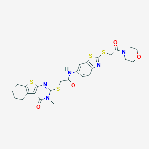 molecular formula C26H27N5O4S4 B302531 2-[(3-methyl-4-oxo-3,4,5,6,7,8-hexahydro[1]benzothieno[2,3-d]pyrimidin-2-yl)sulfanyl]-N-{2-[(2-morpholin-4-yl-2-oxoethyl)sulfanyl]-1,3-benzothiazol-6-yl}acetamide 