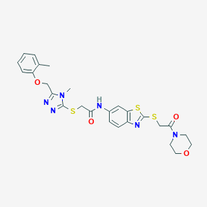molecular formula C26H28N6O4S3 B302532 2-({4-methyl-5-[(2-methylphenoxy)methyl]-4H-1,2,4-triazol-3-yl}sulfanyl)-N-{2-[(2-morpholin-4-yl-2-oxoethyl)sulfanyl]-1,3-benzothiazol-6-yl}acetamide 
