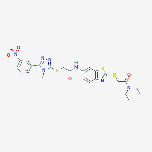 molecular formula C24H25N7O4S3 B302533 N-(2-{[2-(diethylamino)-2-oxoethyl]sulfanyl}-1,3-benzothiazol-6-yl)-2-[(5-{3-nitrophenyl}-4-methyl-4H-1,2,4-triazol-3-yl)sulfanyl]acetamide 