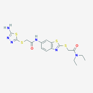 molecular formula C17H20N6O2S4 B302534 2-[(5-amino-1,3,4-thiadiazol-2-yl)sulfanyl]-N-(2-{[2-(diethylamino)-2-oxoethyl]sulfanyl}-1,3-benzothiazol-6-yl)acetamide 