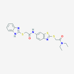molecular formula C22H23N5O2S3 B302535 2-(1H-benzimidazol-2-ylsulfanyl)-N-(2-{[2-(diethylamino)-2-oxoethyl]sulfanyl}-1,3-benzothiazol-6-yl)acetamide 