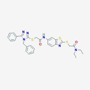 molecular formula C30H30N6O2S3 B302536 2-[(4-benzyl-5-phenyl-4H-1,2,4-triazol-3-yl)sulfanyl]-N-(2-{[2-(diethylamino)-2-oxoethyl]sulfanyl}-1,3-benzothiazol-6-yl)acetamide 