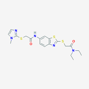 molecular formula C19H23N5O2S3 B302537 N,N-Diethyl-2-{6-[2-(1-methyl-1H-imidazol-2-ylsulfanyl)-acetylamino]-benzothiazol-2-ylsulfanyl}-acetamide 
