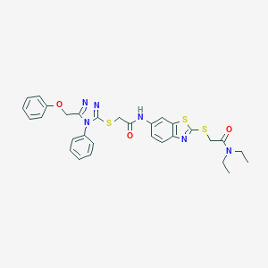 molecular formula C30H30N6O3S3 B302538 N-[2-[2-(diethylamino)-2-oxoethyl]sulfanyl-1,3-benzothiazol-6-yl]-2-[[5-(phenoxymethyl)-4-phenyl-1,2,4-triazol-3-yl]sulfanyl]acetamide 