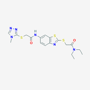 molecular formula C18H22N6O2S3 B302539 N-(2-{[2-(diethylamino)-2-oxoethyl]sulfanyl}-1,3-benzothiazol-6-yl)-2-[(4-methyl-4H-1,2,4-triazol-3-yl)sulfanyl]acetamide 