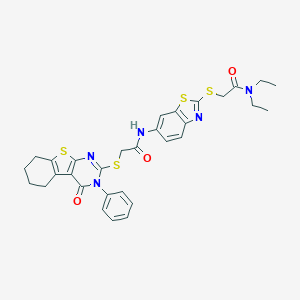 molecular formula C31H31N5O3S4 B302540 N-(2-{[2-(diethylamino)-2-oxoethyl]sulfanyl}-1,3-benzothiazol-6-yl)-2-[(4-oxo-3-phenyl-3,4,5,6,7,8-hexahydro[1]benzothieno[2,3-d]pyrimidin-2-yl)sulfanyl]acetamide 