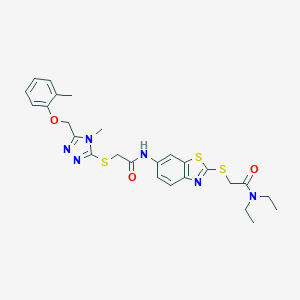 molecular formula C26H30N6O3S3 B302541 N-(2-{[2-(diethylamino)-2-oxoethyl]sulfanyl}-1,3-benzothiazol-6-yl)-2-({4-methyl-5-[(2-methylphenoxy)methyl]-4H-1,2,4-triazol-3-yl}sulfanyl)acetamide 
