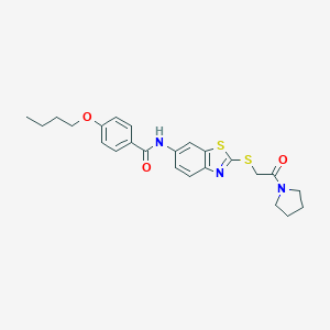 molecular formula C24H27N3O3S2 B302543 4-butoxy-N-{2-[(2-oxo-2-pyrrolidin-1-ylethyl)sulfanyl]-1,3-benzothiazol-6-yl}benzamide 