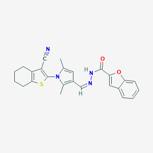 molecular formula C25H22N4O2S B302552 N'-{[1-(3-cyano-4,5,6,7-tetrahydro-1-benzothien-2-yl)-2,5-dimethyl-1H-pyrrol-3-yl]methylene}-1-benzofuran-2-carbohydrazide 