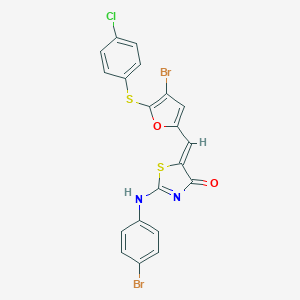 (5Z)-2-(4-bromoanilino)-5-[[4-bromo-5-(4-chlorophenyl)sulfanylfuran-2-yl]methylidene]-1,3-thiazol-4-one