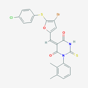 molecular formula C23H16BrClN2O3S2 B302559 5-({4-bromo-5-[(4-chlorophenyl)sulfanyl]-2-furyl}methylene)-1-(2,3-dimethylphenyl)-2-thioxodihydro-4,6(1H,5H)-pyrimidinedione 