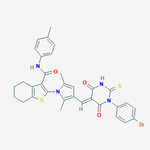molecular formula C33H29BrN4O3S2 B302564 2-(3-{(E)-[1-(4-bromophenyl)-4,6-dioxo-2-thioxotetrahydropyrimidin-5(2H)-ylidene]methyl}-2,5-dimethyl-1H-pyrrol-1-yl)-N-(4-methylphenyl)-4,5,6,7-tetrahydro-1-benzothiophene-3-carboxamide 