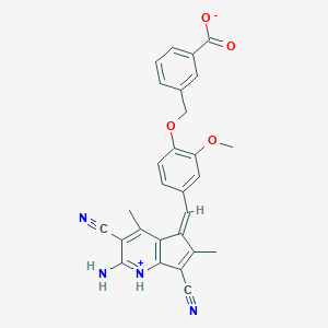 molecular formula C28H22N4O4 B302571 3-[[4-[(Z)-(2-amino-3,7-dicyano-4,6-dimethylcyclopenta[b]pyridin-1-ium-5-ylidene)methyl]-2-methoxyphenoxy]methyl]benzoate 