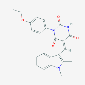 molecular formula C23H21N3O4 B302584 5-[(1,2-dimethyl-1H-indol-3-yl)methylene]-1-(4-ethoxyphenyl)-2,4,6(1H,3H,5H)-pyrimidinetrione 