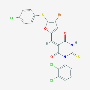 molecular formula C21H10BrCl3N2O3S2 B302585 5-({4-bromo-5-[(4-chlorophenyl)sulfanyl]-2-furyl}methylene)-1-(2,3-dichlorophenyl)-2-thioxodihydro-4,6(1H,5H)-pyrimidinedione 