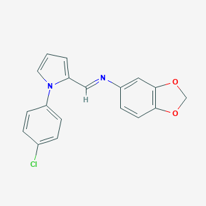 molecular formula C18H13ClN2O2 B302587 N-{[1-(4-chlorophenyl)-1H-pyrrol-2-yl]methylene}-1,3-benzodioxol-5-amine 