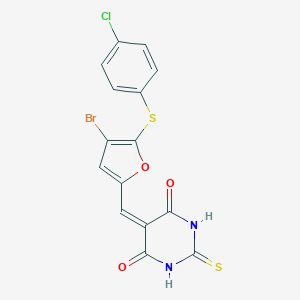 molecular formula C15H8BrClN2O3S2 B302590 5-({4-bromo-5-[(4-chlorophenyl)sulfanyl]furan-2-yl}methylidene)-2-thioxodihydropyrimidine-4,6(1H,5H)-dione 